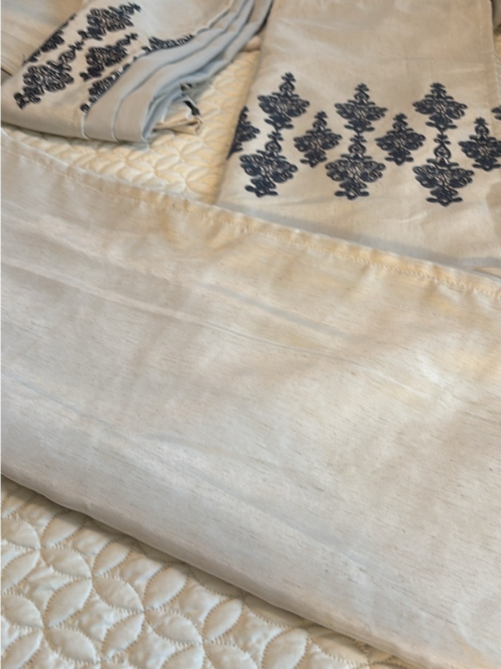 Colordrift Fully Lined Cream and Blue Embroidered linen blend Curtain panels x3